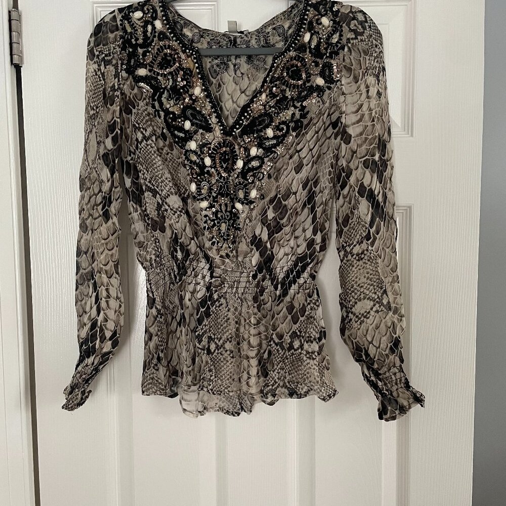 Cache beaded v-neck snake print top
